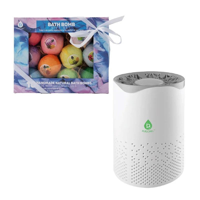 Pursonic Clean Air & Relaxation Bundle Includes USB Powered True HEPA Air Purifier + 10 Handmade Organic Bath Bombs