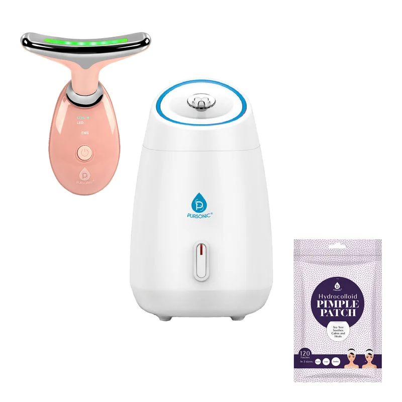 Pursonic Complete At-Home Facial Spa Bundle Facial Steamer, 7-in-1 LED Light Therapy Device & Hydrocolloid Pimple Patches