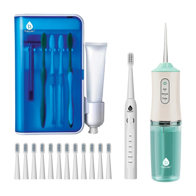 Pursonic Complete Oral Care Bundle  USB Rechargeable Sonic Toothbrush, Water Flosser & UV Toothbrush Sanitizer White