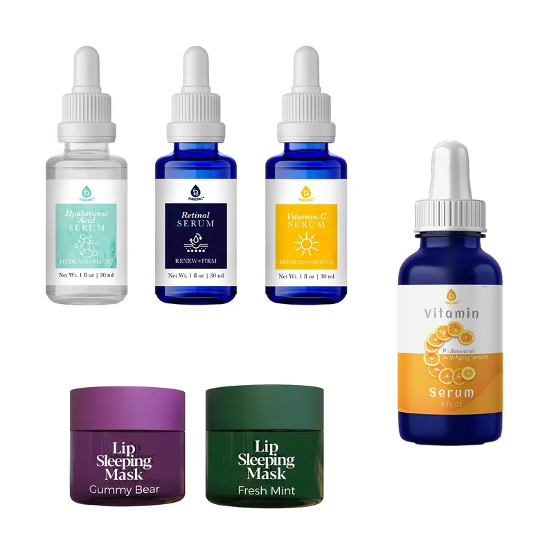 Pursonic Complete Radiance Bundle: Vitamin C Serum (3 oz), Anti-Aging Serum Set & Lip Sleeping Masks Gummy Bear & Fresh Mint