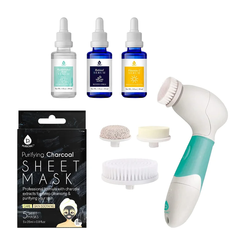 Pursonic Complete Skincare Bundle Advanced Facial & Body Cleansing Brush + Anti-Aging Serum Set + 5-Pack Charcoal Sheet Masks