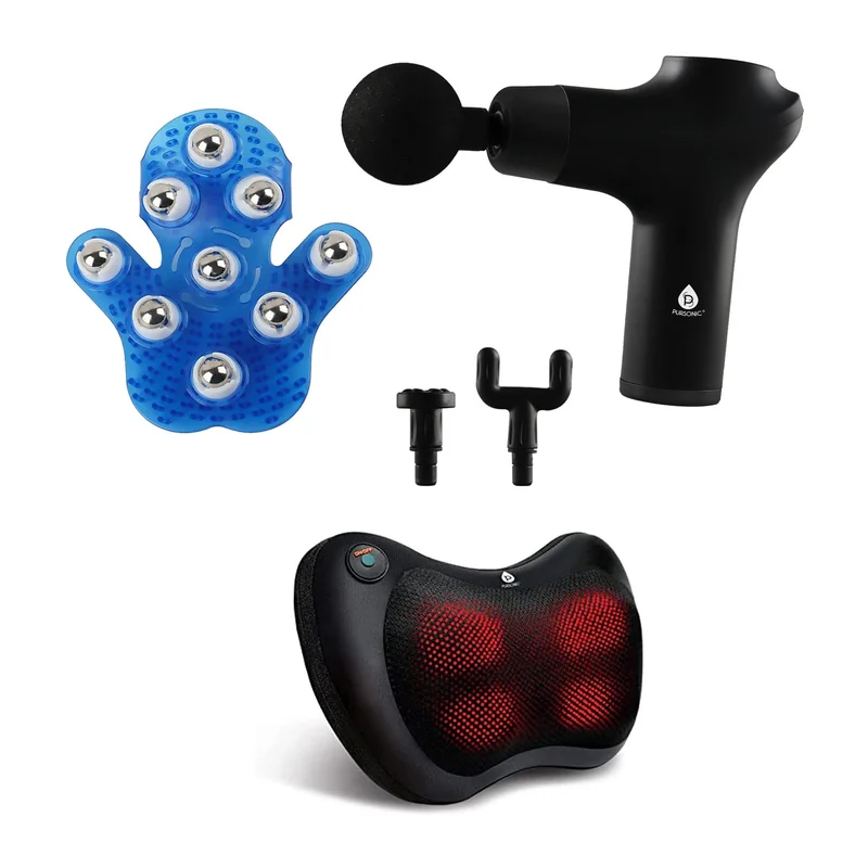 Pursonic Deep Relief Wellness Bundle Shiatsu Heating Neck & Back Massager + 3-Speed Massage Gun
