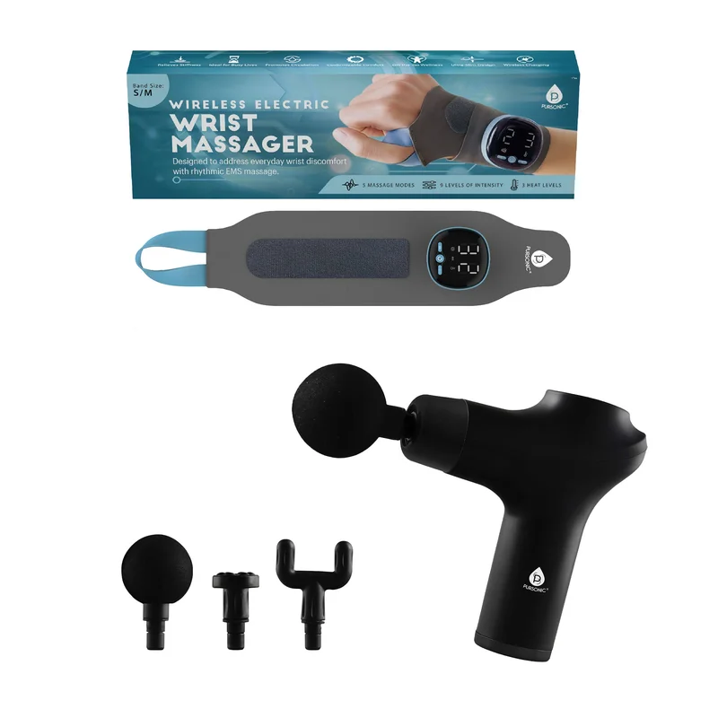 Pursonic EMS Wrist Massager & 3-Speed Massage Gun Bundle  Targeted Relief & Muscle Recovery for Hands, Wrists & Body
