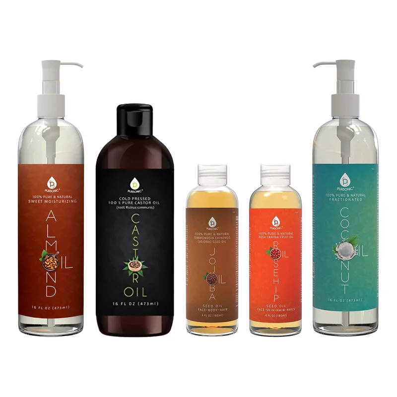 Pursonic Essential Oils & Skin Care Mega Bundle 100% Pure Golden Jojoba Oil, Rosehip Oil, Sweet Almond Oil, Fractionated Coconut Oil, and Castor Oil