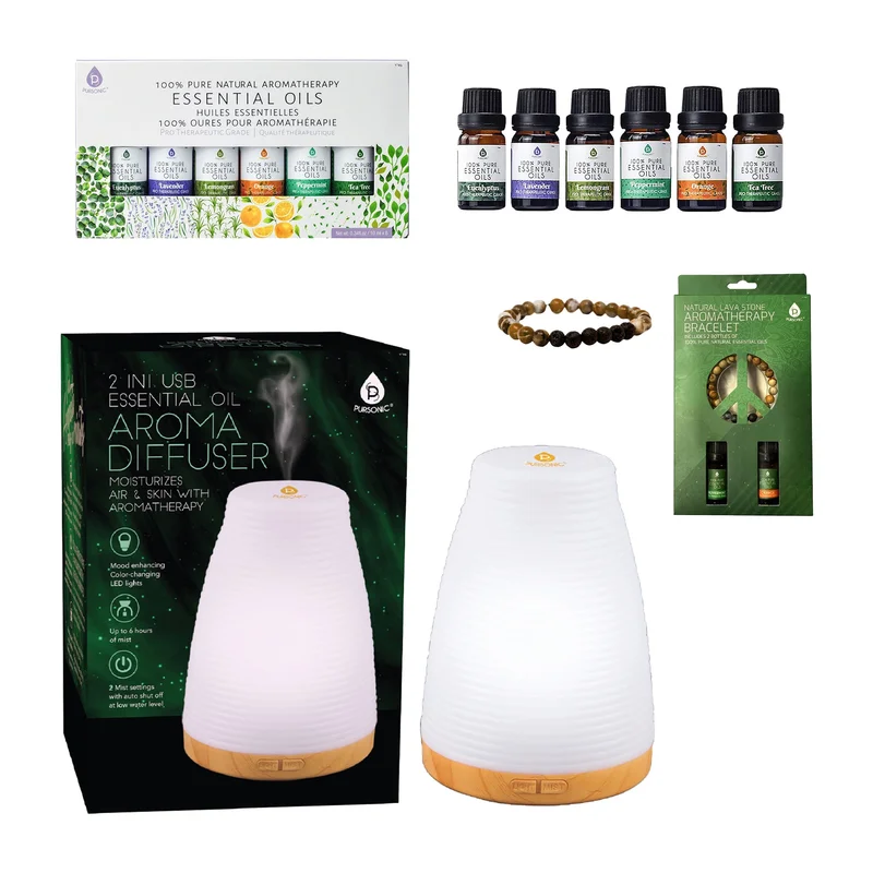 Pursonic Essential Oils Wellness Bundle Includes Lava Stone Bracelet, 2-in-1 USB Diffuser, and 6-Pack of 100% Pure Aromatherapy Oils