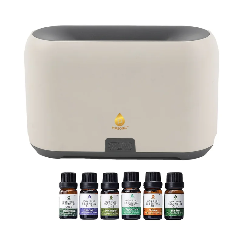 Pursonic FlameGlow Aromatherapy Diffuser & 6-Pack Essential Oils Wellness Bundle Pure Relaxation with Light, Scent & Serenity