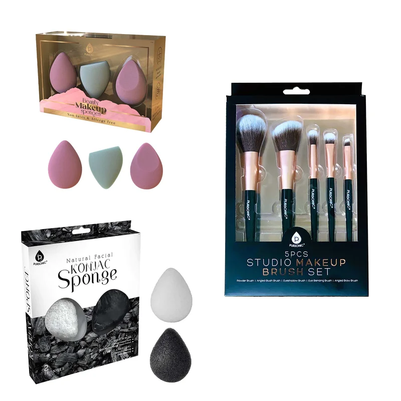 Pursonic Flawless Beauty Essentials Bundle Includes 3-Pack Multi-Shape Makeup Sponges, Natural Konjac Sponge Duo & 5-Piece Black Studio Brush Set
