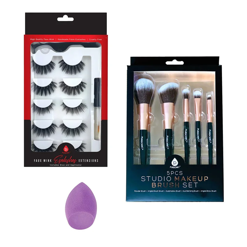 Pursonic Glam Essentials Bundle: 3D Faux Mink Lashes, Makeup Sponge & Brush Set