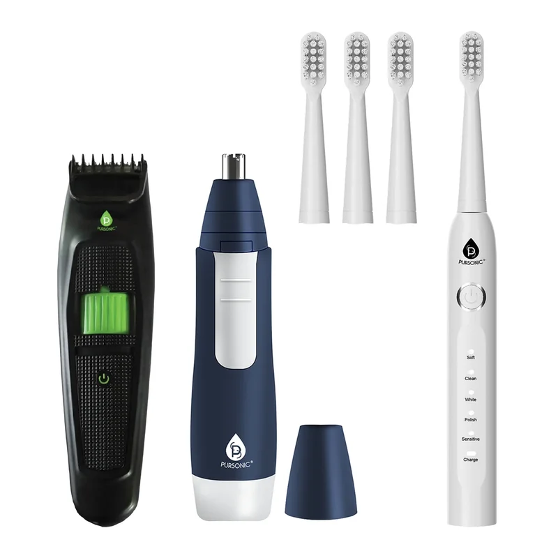 Pursonic GroomSmart Trio Bundle USB Rechargeable Electric Toothbrush, Beard & Body Trimmer, and Nose & Ear Hair Trimmer for a Complete Grooming Experience