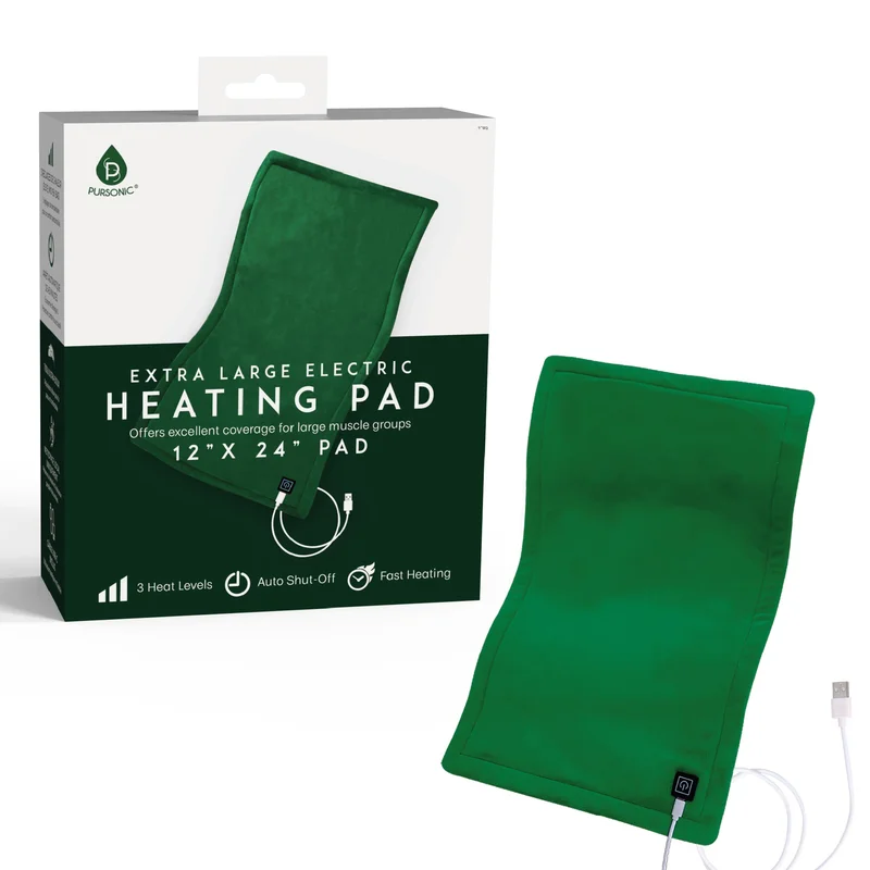 Pursonic Large Electric Heating Pad with USB-C  12"x24", Ultra Soft Fabric, 3 Heat Settings, Auto Shut-Off Green