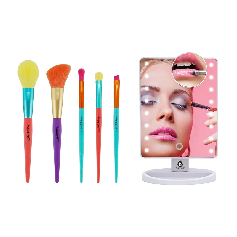 Pursonic Makeup Essentials Duo LED Countertop Mirror + 5-Piece Brush Set