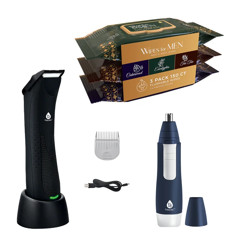 Pursonic Mario Lopez Wireless Body Hair Trimmer & Shaver + Nose and Ear Hair Trimmer + Mens Assorted Face and Body Wipes (3-Pack, 150 Wipes)