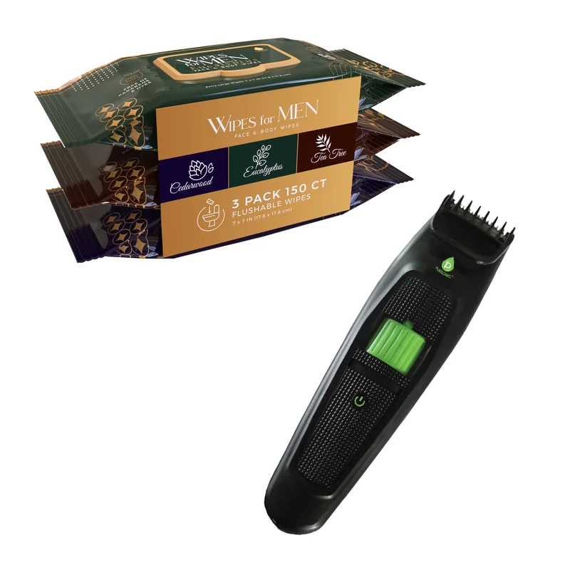 Pursonic Mens Refresh & Groom Kit: Cedarwood, Tea Tree & Eucalyptus Wipes + Rechargeable Beard & Body Trimmer