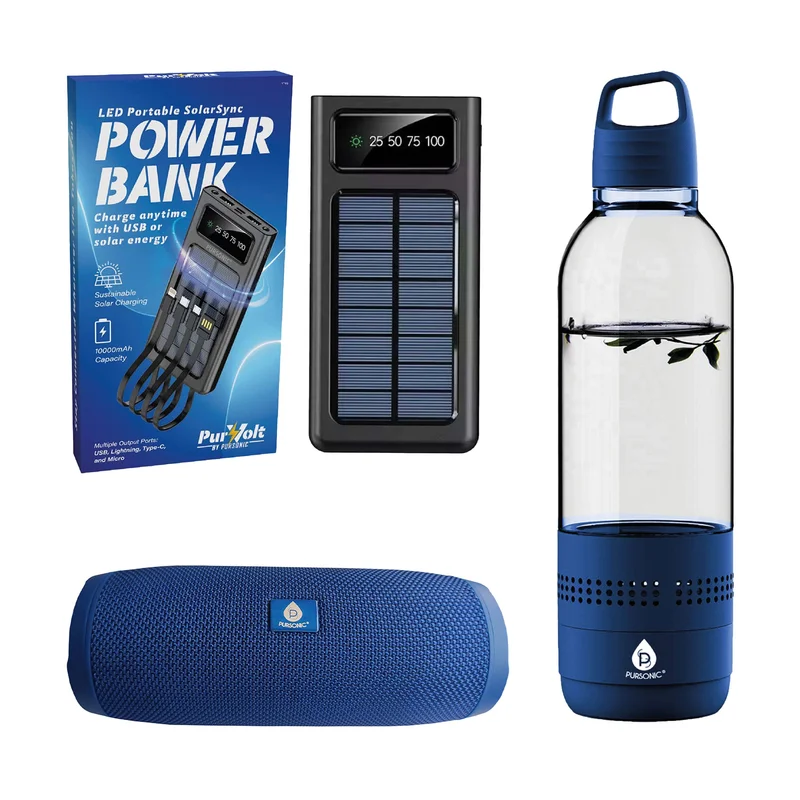 Pursonic Outdoor Essentials Bundle 2-in-1 Bluetooth Water Bottle, Peak Wireless Speaker, and LED Portable Solarsync Power Bank