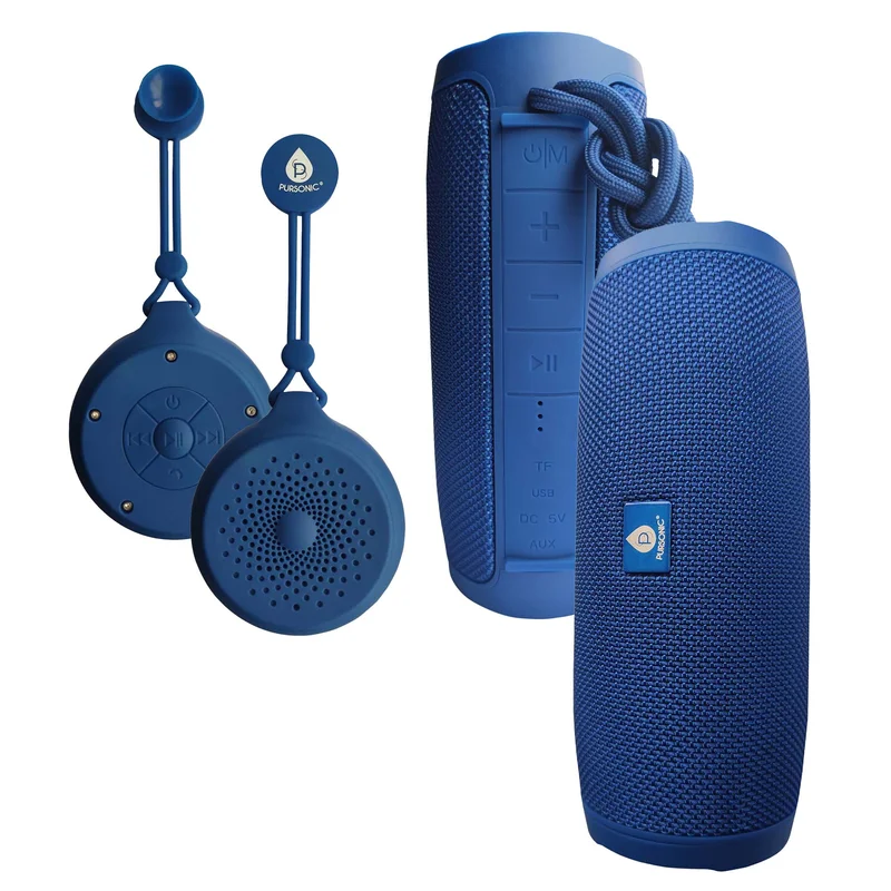 Pursonic Peak Wireless Speaker & Pursonic Waterproof Wireless Speaker Bundle 360 Hi-Res Sound Anywhere, Anytime Blue