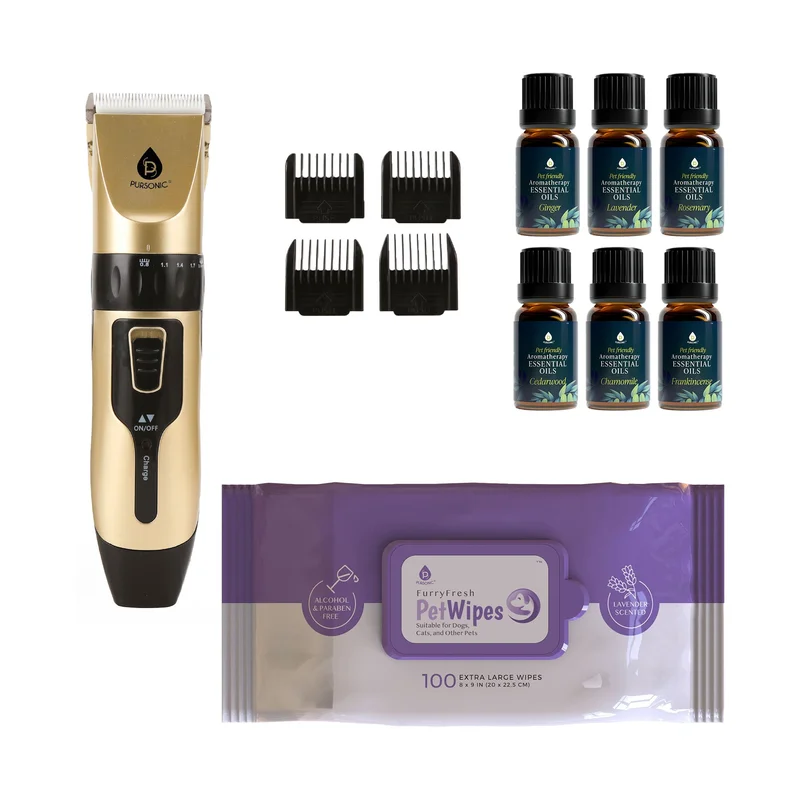 Pursonic Pet Grooming Bundle Rechargeable Hair Trimmer, 6-Pack Essential Oils & Lavender Wipes