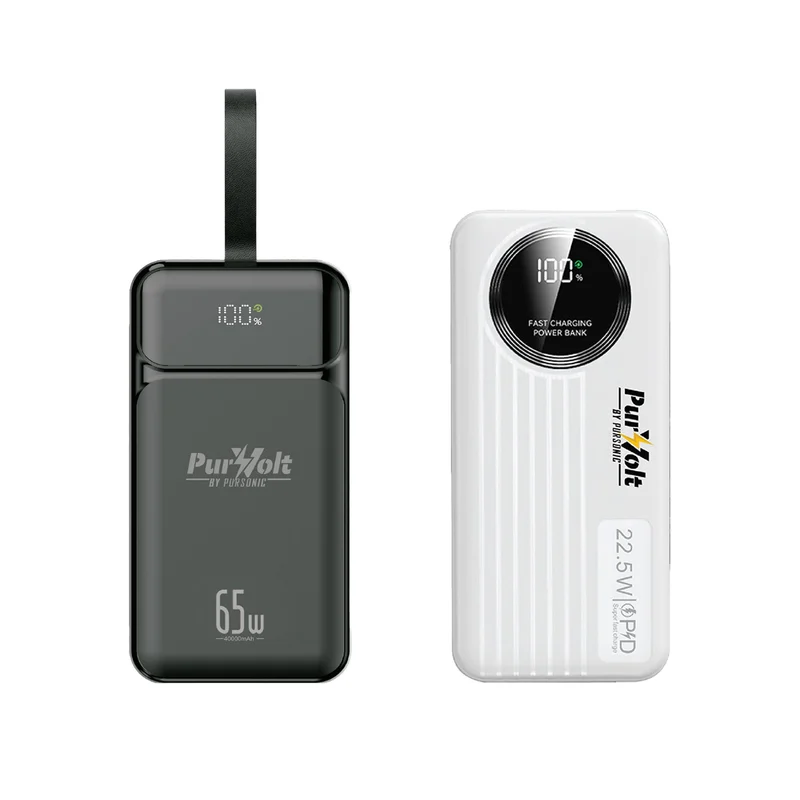 Pursonic Power Anywhere Bundle PurVolt 40,000mAh Power Bank + LED Fast Charging Power Bank with Built-in Cables