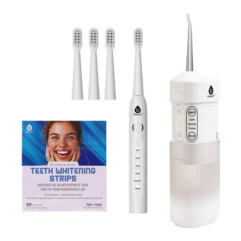 Pursonic PowerSmile Bundle  USB Rechargeable Sonic Toothbrush, Collapsible Water Flosser & Professional Teeth Whitening Strips for a Complete Oral Care System
