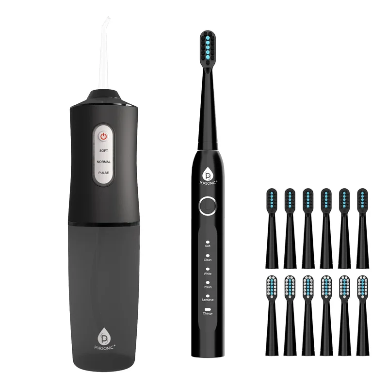 Pursonic Rechargeable Water Flosser & USB Electric Toothbrush with 12 Brush Heads  Advanced Oral Care Set Black