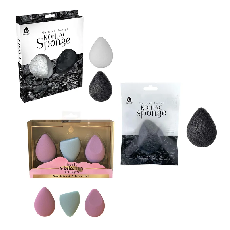 Pursonic Skin & Beauty Essentials Bundle Konjac Sponge Duo, Bamboo Charcoal Konjac Sponge & 3-Pack Makeup Sponge Set