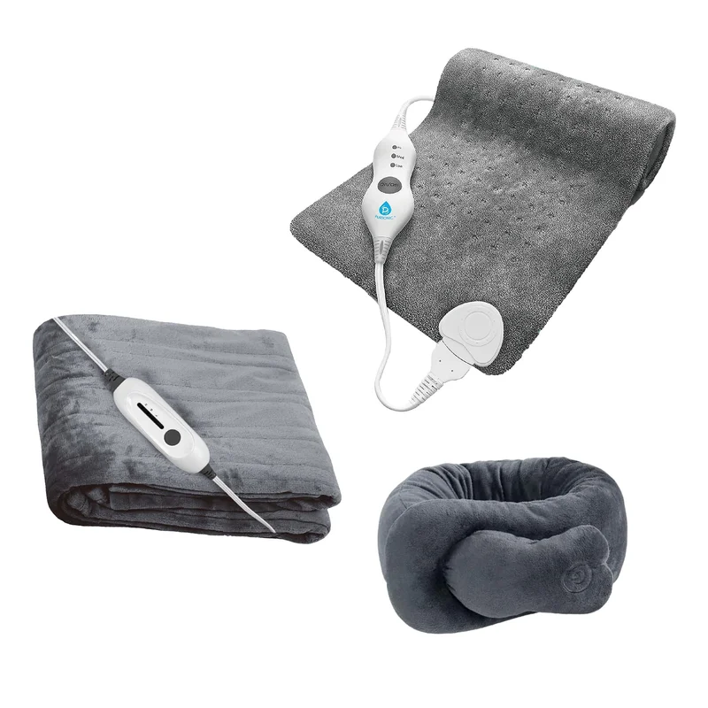 Pursonic Total Warmth & Comfort Bundle  Includes Electric Soft Microplush Heated Blanket Throw, Pursonic Electric Heating Pad & Portable Neck & Shoulder Massaging Wrap