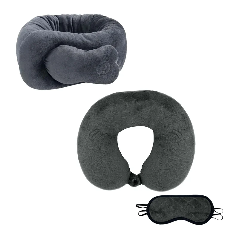 Pursonic Travel Comfort & Relief Bundle Memory Foam Travel Pillow with Sleep Mask + Portable Neck & Shoulder Adjustable Massaging Wrap