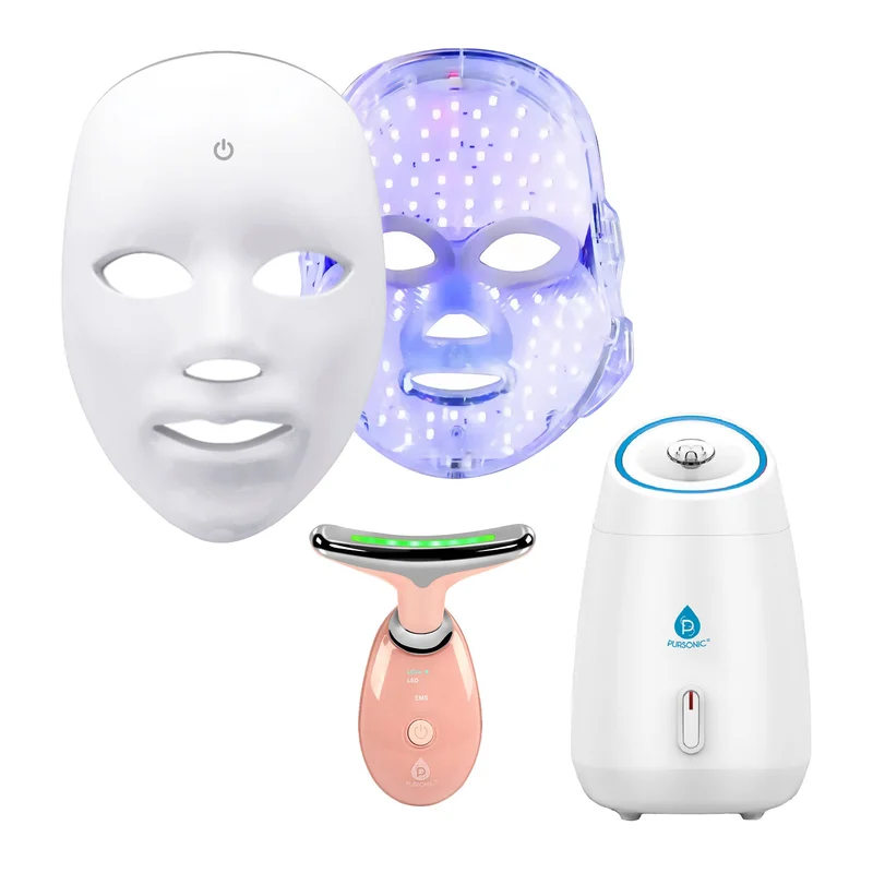 Pursonic Ultimate 3-in-1 LED Light Therapy & Facial Spa Bundle 7-in-1 LED Face Mask + 7-in-1 LED Face & Neck Sculpting Wand + Facial Steamer