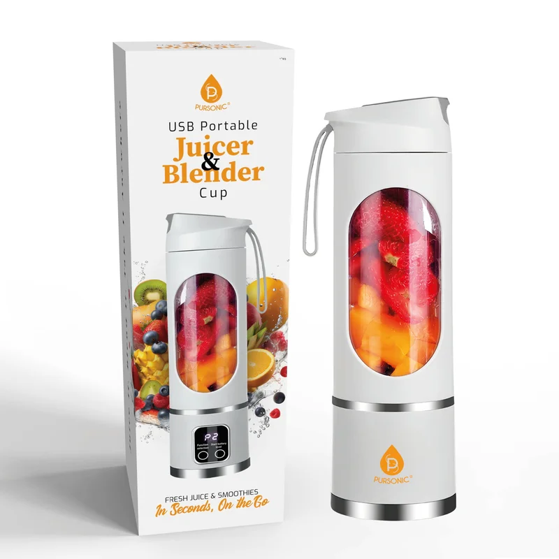 Pursonic USB Portable Juicer & Blender Cup On-the-Go 12-Blade Smoothie Maker with 3-Speed Motor & USB-C Fast Charging