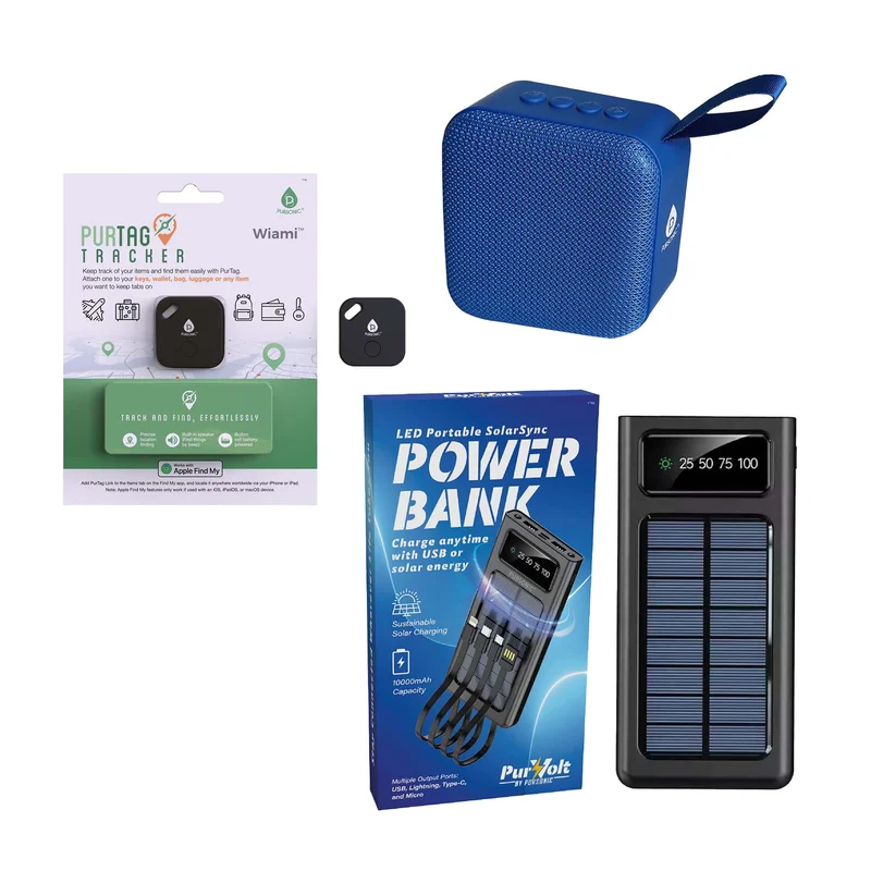 Pursonic Wireless Speaker, Solarsync Power Bank & Purtag Tracker Bundle  Ultimate Sound, Power & Security Anywhere!