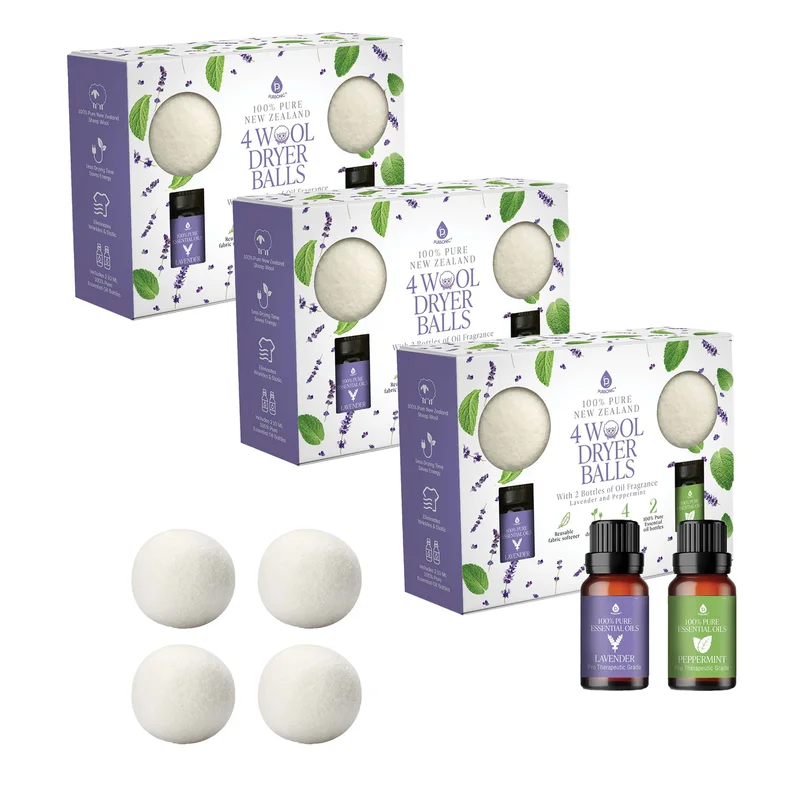 Pursonic Wool Dryer Balls Bundle 3-Pack of Reusable Laundry Balls Made from Pure New Zealand Wool + Lavender & Peppermint Essential Oils
