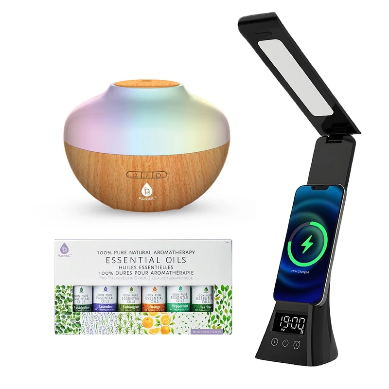 Pursonic Workstation Wellness Bundle  Diffuser, 6 Oils & 3-in-1 LED Desk Lamp