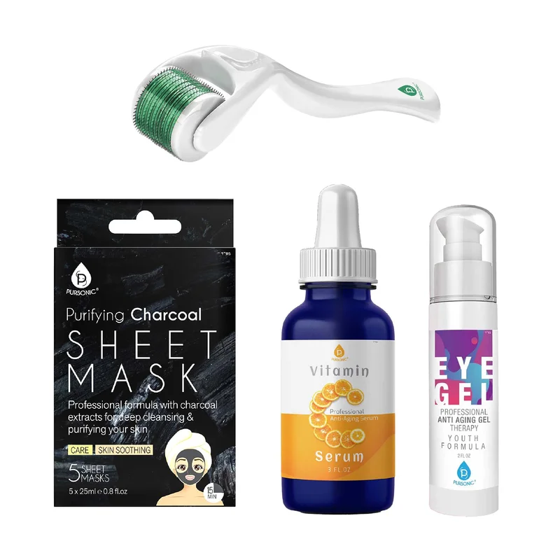 Radiance Boost Bundle: Derma Roller, Vitamin C Serum, Anti-Aging Eye Gel & Charcoal Mask 4-Step Skincare Set for Youthful Glow