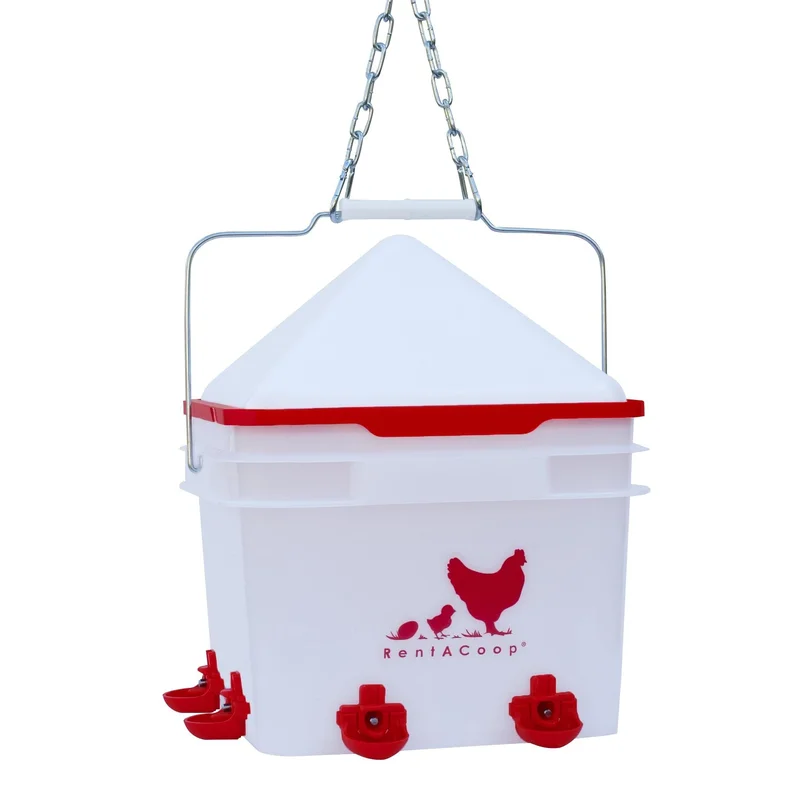 RentACoop 2 Gallon BPA-Free Plastic Bucket Chicken Waterer Set with 4 Horizontal Nipples - Corner Placement 2025 Version