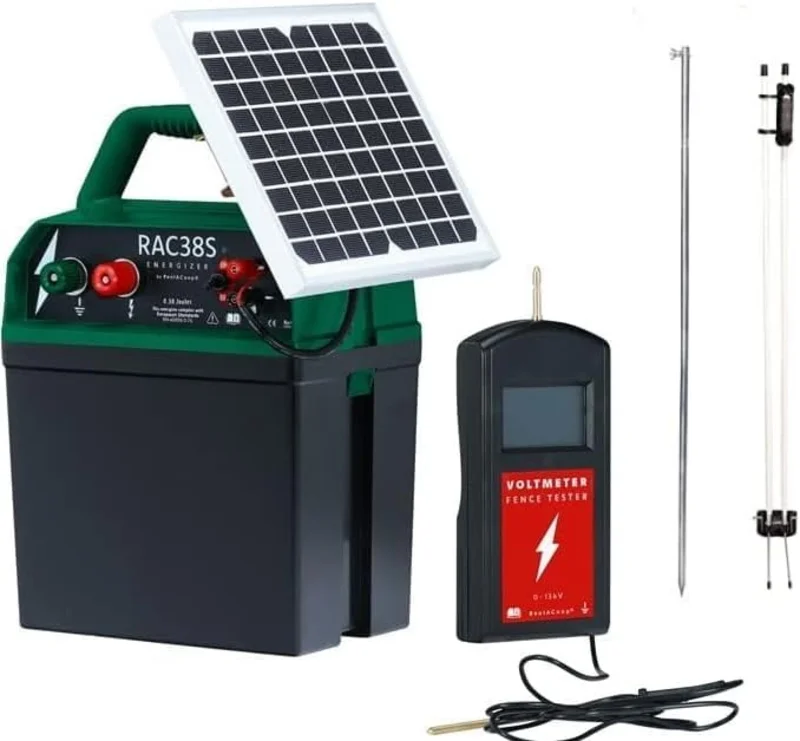RentACoop Electric Poultry Netting Accessory Set - Includes - 0.38J Solar Fence Charger with 12v SLA Battery, 3' Grounding Rod, Gate Handle Kit, and Voltmeter Fence Tester