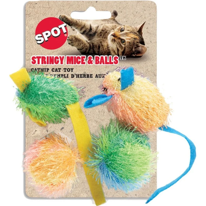 SPOT STRINGY MICE & BALL W/CATNIP ASSORTED