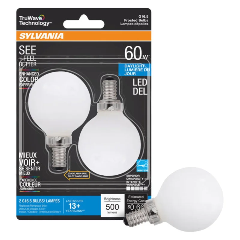 Sylvania TruWave Natural Series Dcor G16.5 Light Bulb, 60W, Candelabra Base, Frosted, 5000K