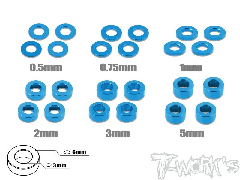 TA-012   Aluminum 3mm Bore Washer Set 0.5, 0.75 ,1 ,2 ,3 ,5mm each 4pcs. Tamiya Blue TA-012TB