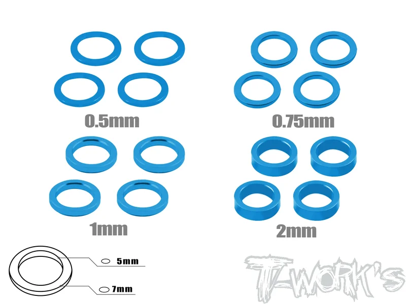 TA-046 Aluminum 5mm Bore Washer Set  0.5, 0.75 ,1 ,2mm each 4pcs. Tamiya Blue TA-046TB