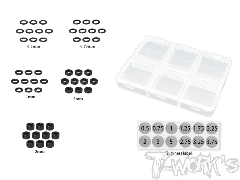 TA-159-BK Aluminum Shim Set 3 x 5 x 0.5/0.75/1/2/3mm ( Black ) Each 10pcs.