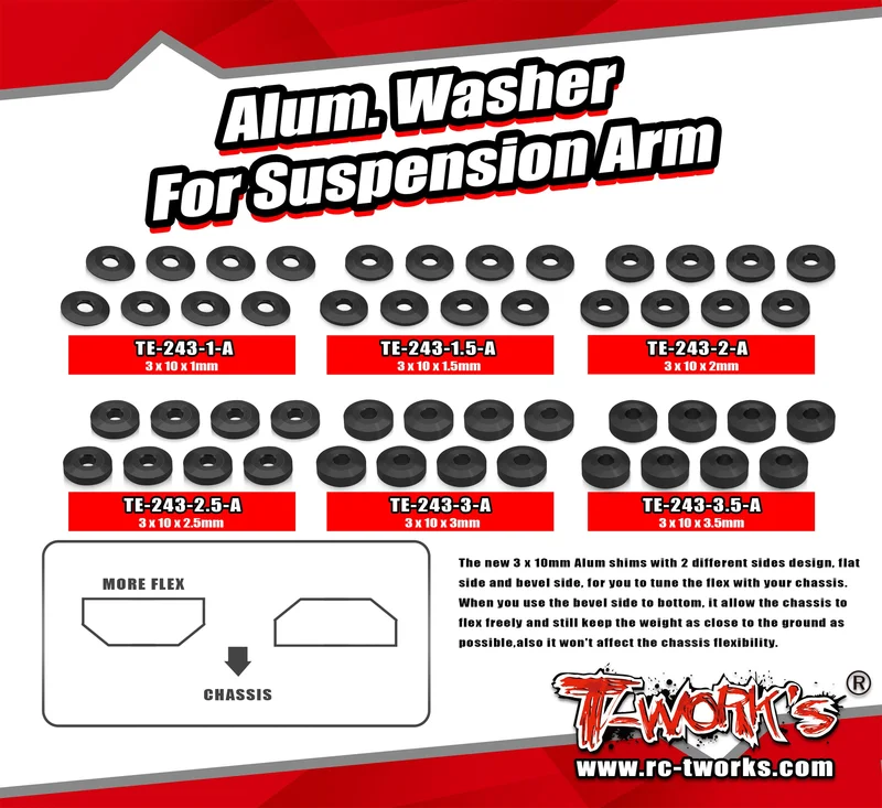 TE-243-A Alum. Washer For Suspension Arm 3 x 10 x 1/1.5/2/2.5/3/3.5mm ( 8 pcs.)