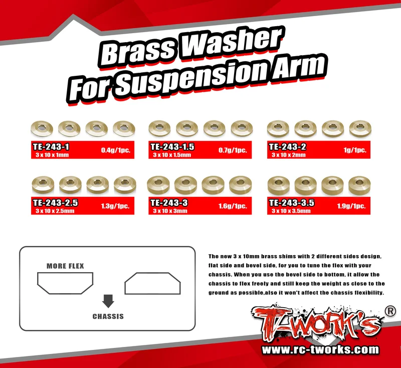 TE-243 Brass Washer For Suspension Arm 3 x 10 x 1/1.5/2/2.5/3/3.5mm ( 4 pcs.)