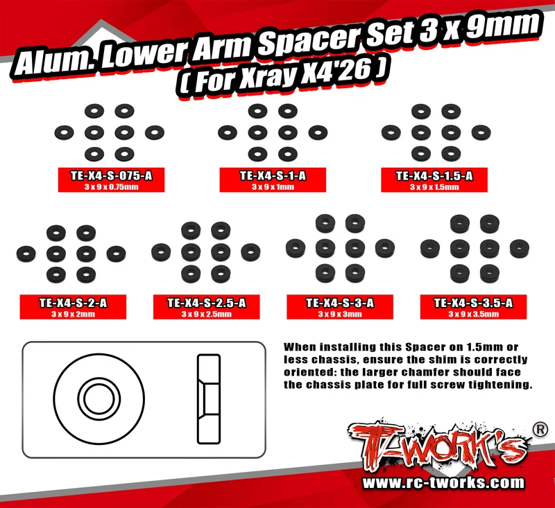TE-X4-S-AAlum. Lower Arm Spacer Set 3 x 9mm ( For Xray X4'26 )0.75/1/1.5/2/2.5/3/3.5 Each 8pcs.