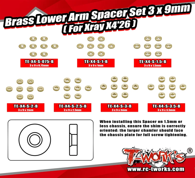 TE-X4-S-BBrass Lower Arm Spacer Set 3 x 9mm ( For Xray X4'26 )0.75/1/1.5/2/2.5/3/3.5 Each 8pcs.