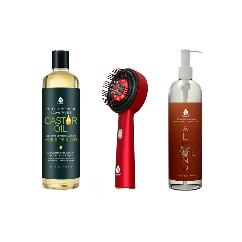 The Ultimate Hair & Beauty Wellness Bundle: LED Therapy Brush, Castor Oil, & Sweet Almond Oil