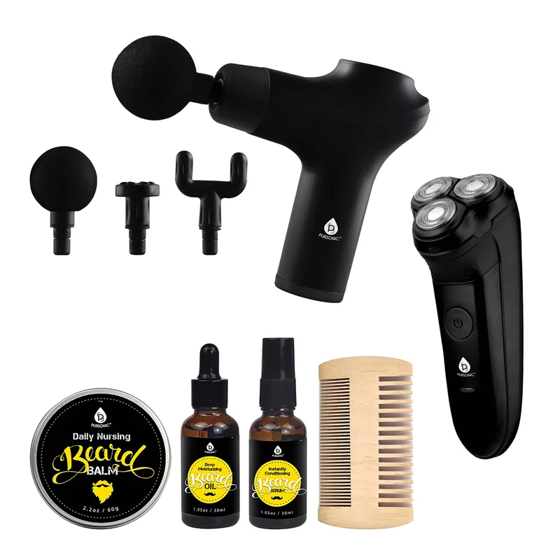 The Ultimate Men's Grooming & Relaxation Bundle Beard Care, Electric Shaver, and Massage Gun