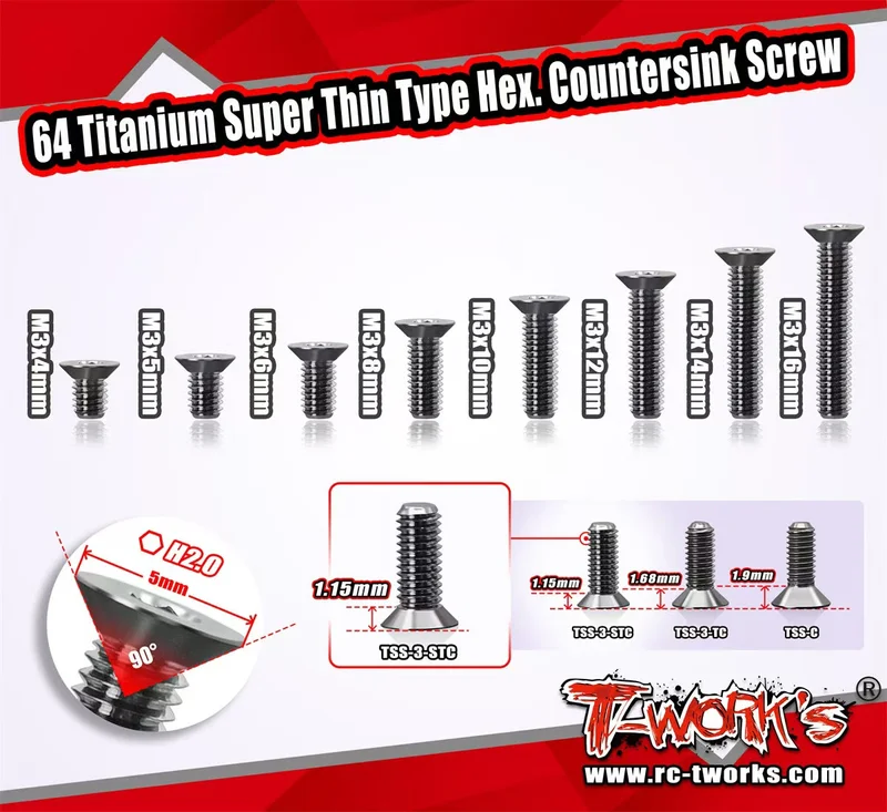 TSS-3-STC 3mm x 4/5/6/8/10/12/14/16mm 64 Titanium Super Thin Type Hex. Countersink Screw 10pcs.