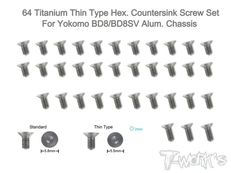 TSS-BD8-TC 64 Titanium Thin Type Hex. Countersink Screw Set ( For Yokomo BD8/BD8SV Alum. Chassis )