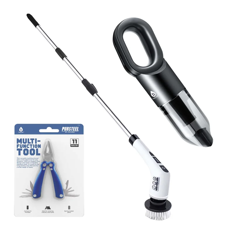 Ultimate Cleaning & Multi-Tool Bundle  Cordless Rechargeable Power Scrubber, Pursonic Handheld Vacuum & 11-in-1 Multifunction Tool!