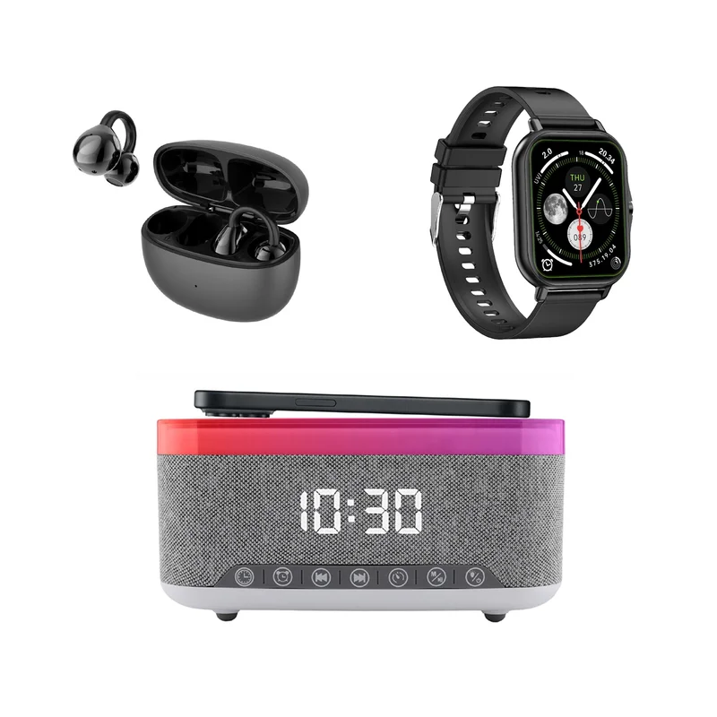 Ultimate Smart Living Bundle  Bluetooth Smart Watch, True Wireless Earbuds & 5-in-1 Alarm Clock Hub