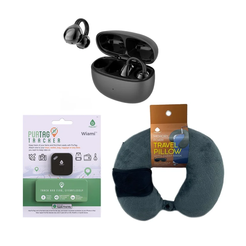 Ultimate Travel Essentials Bundle  Wireless Earbuds, Purtag Tracker & Memory Foam Travel Pillow Set